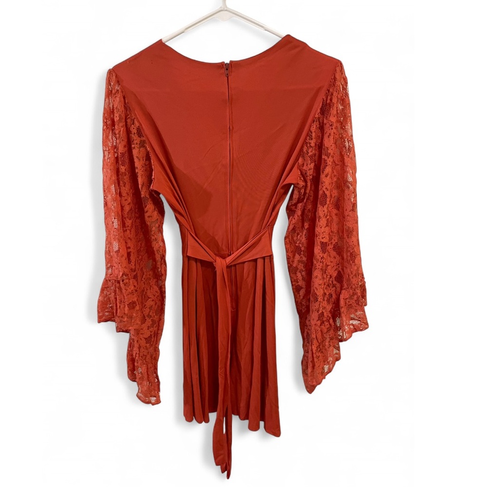 Vintage 70s Lace Sleeve Mini Dress in Dark Orange - Picture 3 of 9